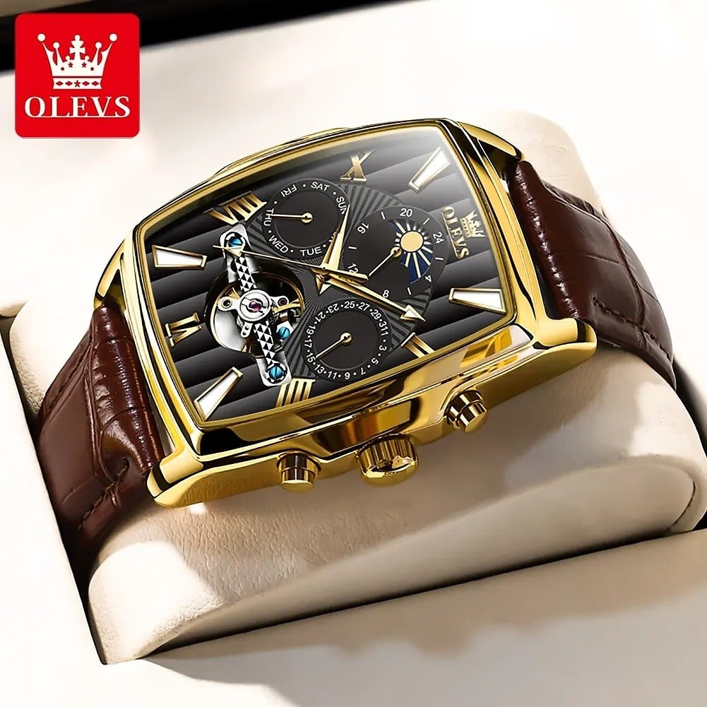 OLEVS Watch 6675 Luxury Mechanical Watch with Leather Strap